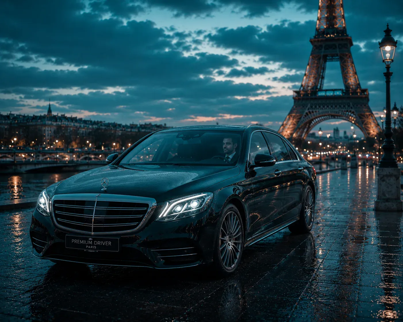 Interior of a modern car with a Paris cityscape and blue-turquoise lighting in the background