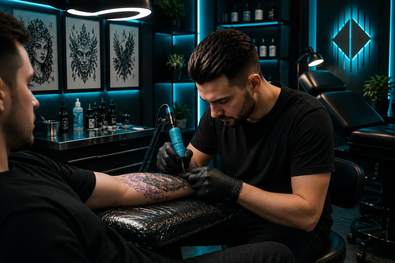 Tattoo artist working on a client’s forearm in a modern studio with a minimalist interior and soft blue lighting