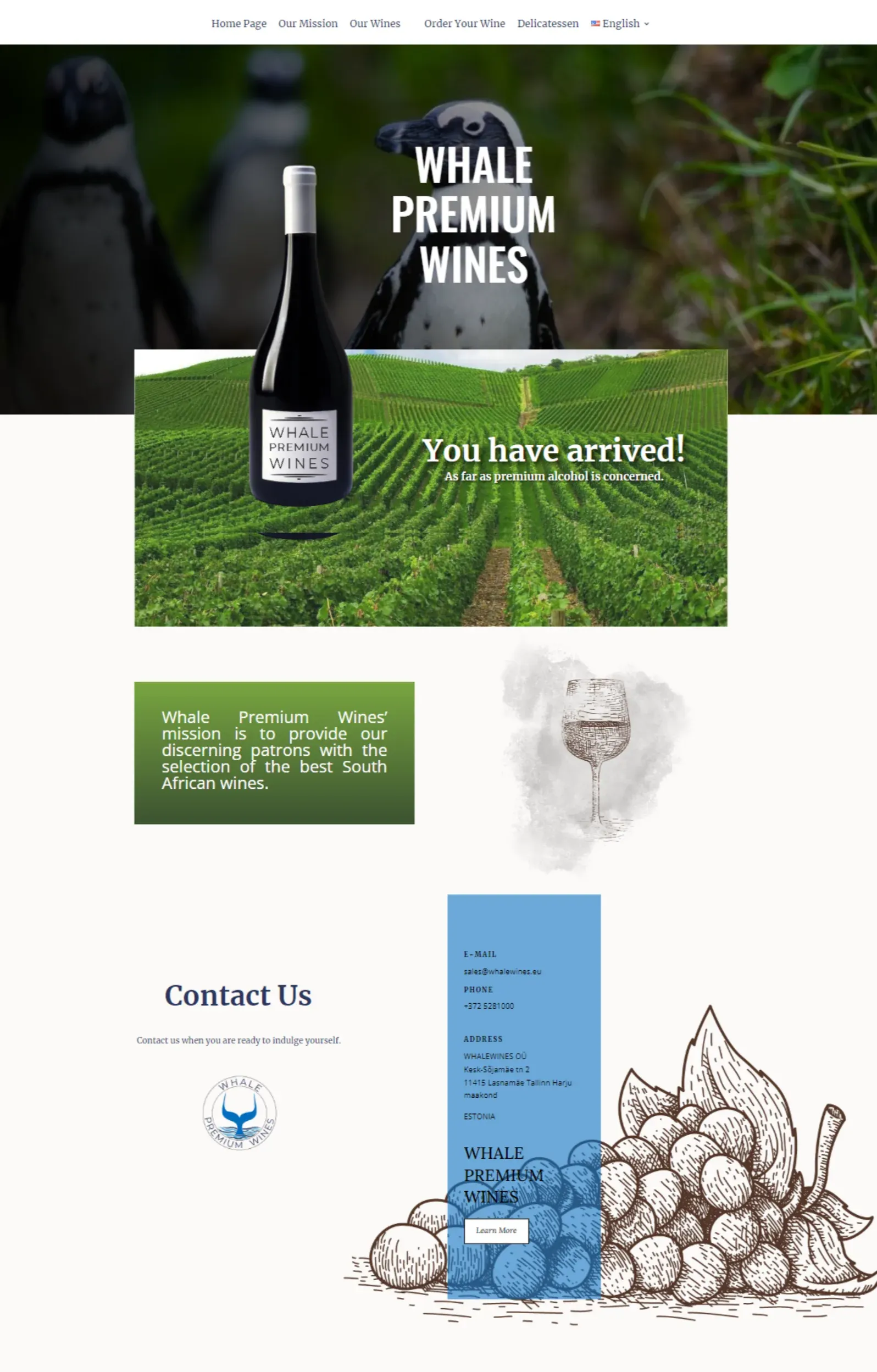 Full-page screenshot of the Whale Premium Wines home page: a penguin hero image with the brand name, a bottle over a vineyard photo, the mission statement, and a contact block with the company address