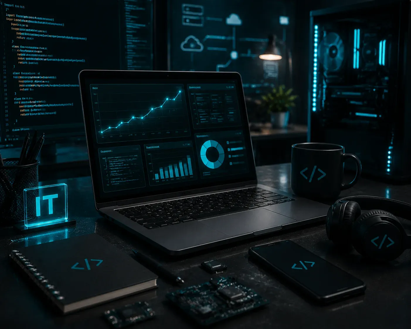 Dark developer desk with a laptop showing analytics charts, a smartphone, headphones and lines of code on the monitors behind it