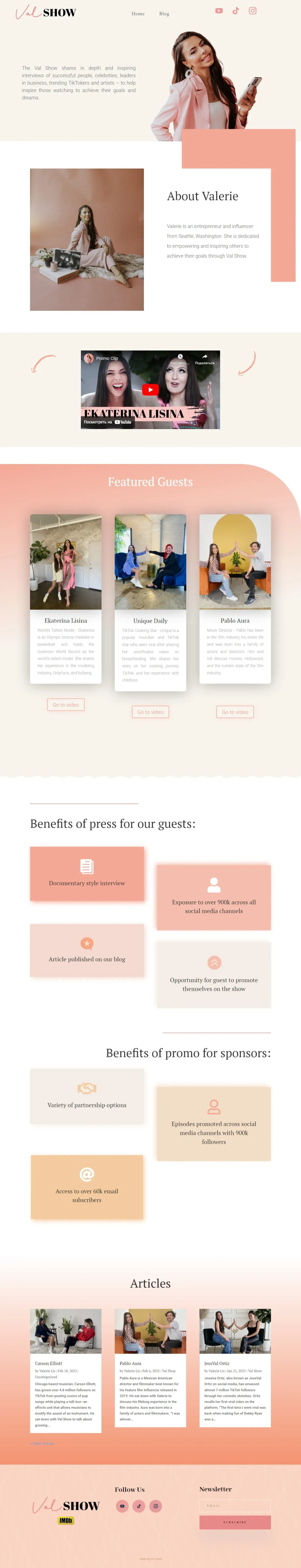 Full-page screenshot of the ValShow site: blush-toned hero with the host, an About Valerie section, an embedded promo clip, featured guest cards, benefit blocks for guests and sponsors, article previews, and a footer with social links, an IMDb badge, and a newsletter form
