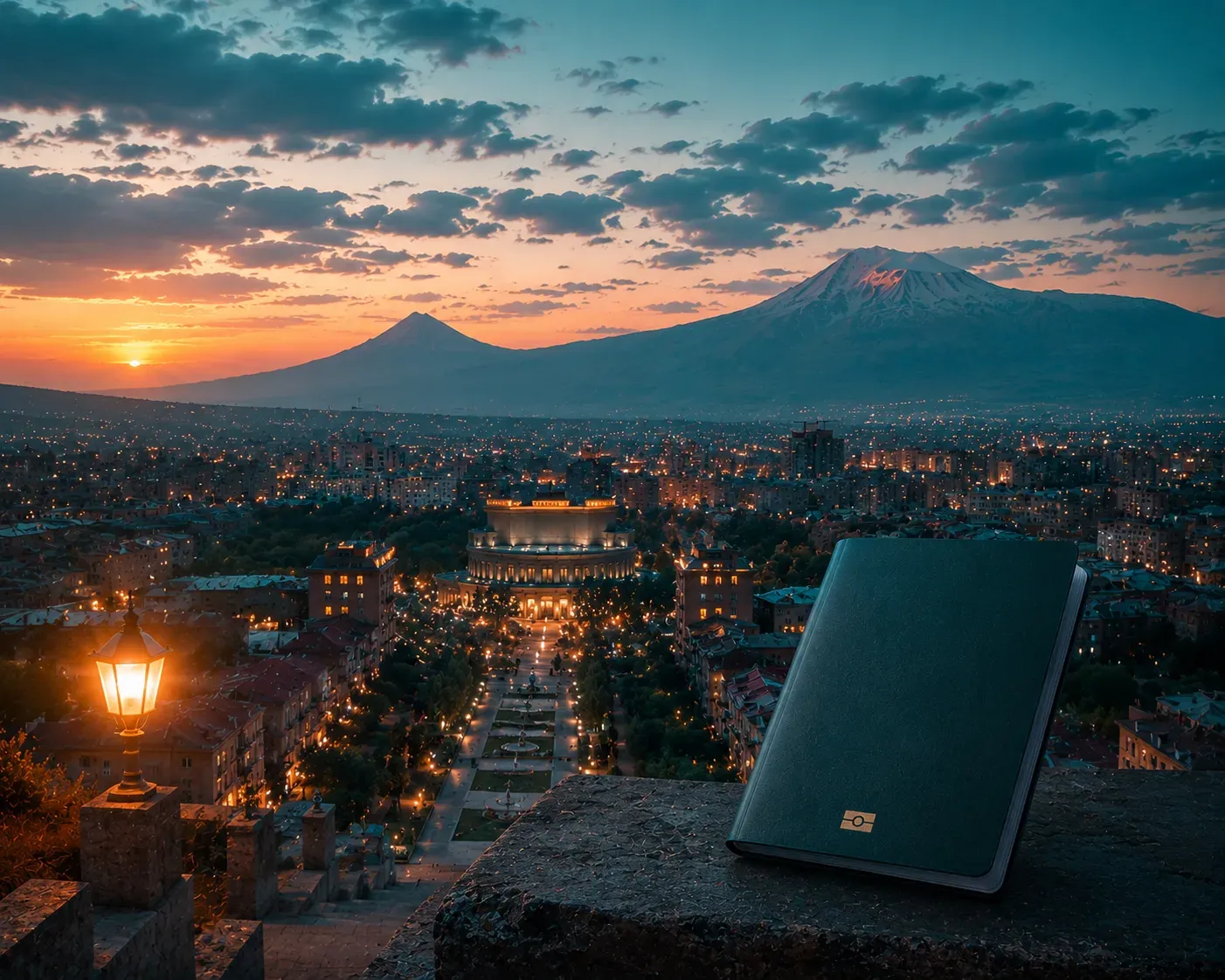 Passport and residency documents on a desk with an Armenian cityscape in the background