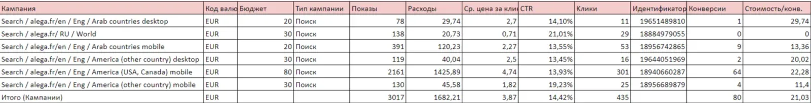 Second Google Ads campaign report showing budgets, clicks, conversions and cost per conversion by campaign