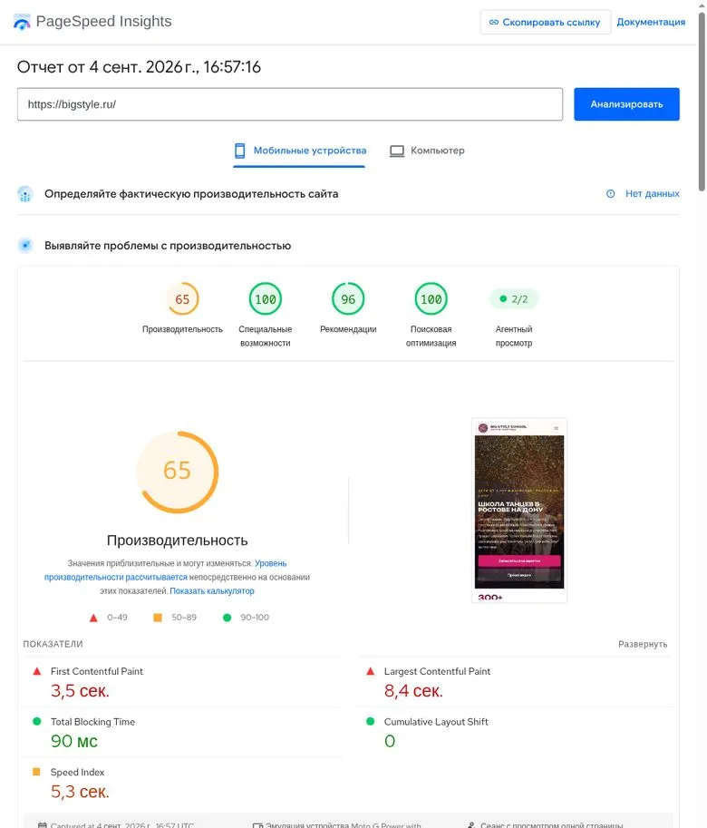 PageSpeed Insights mobile report after the redesign: score 65