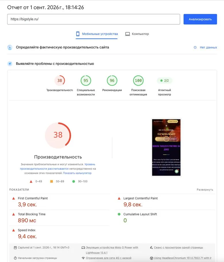 PageSpeed Insights mobile report before the redesign: score 38