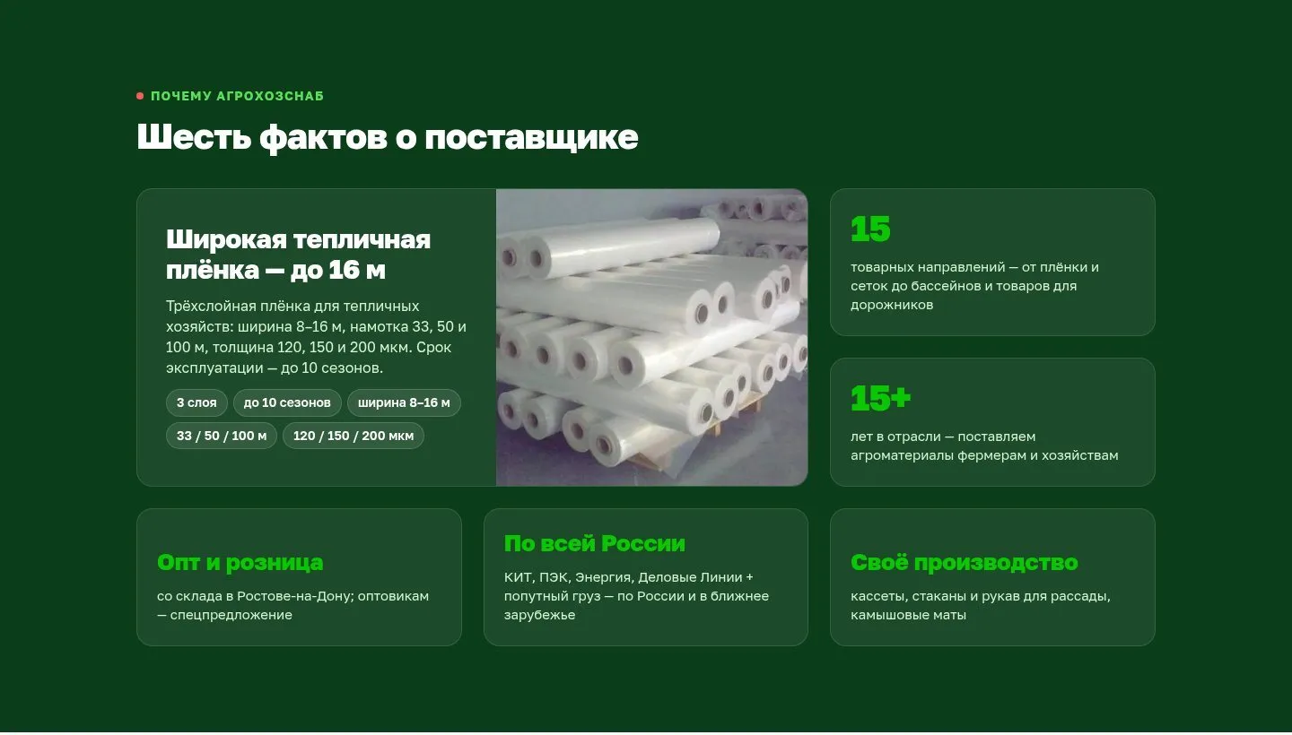 Блок «Шесть фактов о поставщике»: широкая тепличная плёнка, 15 направлений, опт и розница, доставка по России